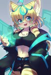 3_fingers anthro belt blonde_hair blue_highlights blush bottomwear breasts brown_body brown_fur clothed clothing countershading cute_fangs eyebrow_through_hair eyebrows fangs female fingers fur hair highlights_(coloring) holographic_screen inner_ear_fluff jacket kemono navel neck_tuft off_shoulder open_mouth screen short_hair shorts solo stripes teeth text tongue topwear translucent translucent_hair tuft white_body white_fur yellow_body yellow_fur theta_k23 sunaneko_(sunaneko_zeon) felid feline felis mammal sand_cat artist_name hi_res japanese_text