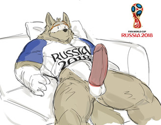 anthro athletic balls barazoku big_penis clothed clothing clothing_lift ears_up erection eyewear fur furniture genitals glasses half_naked humanoid_genitalia humanoid_penis male mascot multicolored_body multicolored_fur muscular muscular_anthro muscular_male penis pillow presenting presenting_penis red_penis relaxed_expression shirt shirt_lift simple_background sofa solo tan_body tan_fur topwear two_tone_body two_tone_fur white_balls white_body white_fur citrusification fifa zabivaka canid canine canis mammal wolf hi_res