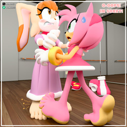 anthro barefoot clothed clothing dancing duo feet female footwear gloves handwear pink_body shoes text panettou sega sonic_the_hedgehog_(series) amy_rose vanilla_the_rabbit eulipotyphlan hedgehog lagomorph leporid mammal rabbit 1:1 3d_(artwork) absurd_res digital_media_(artwork) hi_res