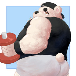anthro black_nose bottomwear butt clothing exercise fur hat headgear headwear humanoid_hands kemono male overweight overweight_male shirt shorts solo topwear white_body white_fur workout sakisukem bear mammal polar_bear ursine 2021 absurd_res hi_res