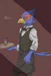 alternate_costume anthro blue_body blue_eyes blue_feathers clothed clothing feathers fully_clothed male simple_background solo suit text waiter s_mino930 nintendo star_fox falco_lombardi avian bird 2014 digital_media_(artwork) english_text hi_res