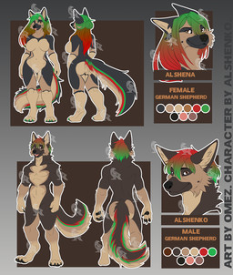 4_toes anthro biped black_pawpads breasts claws digitigrade duo featureless_breasts featureless_crotch feet female female_anthro fur hair hindpaw male male_anthro nude pawpads paws smile standing tail text toe_claws toes omez alshena_(alshenko) alshenko_(alshenko) canid canine canis domestic_dog german_shepherd herding_dog mammal pastoral_dog english_text model_sheet