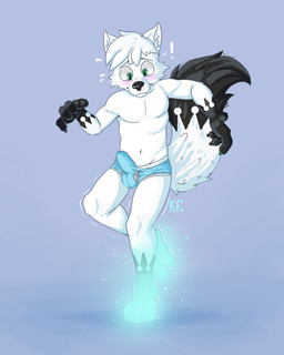 3_toes 5_fingers anthro black_eyebrows black_paws black_tail_tip blue_background blue_briefs blue_clothing blue_glow blue_underwear blush body_control briefs briefs_only bulge clothed clothing curse dancing detailed_bulge dipstick_tail emanata erection erection_under_clothing exclamation_point eyebrows feet fingers forced forced_dancing forced_erection forced_exposure fur genital_outline gloves_(marking) glowing glowing_paws green_eyes hair humiliation humiliation_fetish leg_markings looking_down magic male markings navel on_one_leg paws penis_outline raised_arms shaking simple_background socks_(marking) solo standing tail tail_markings tenting toes topless underwear underwear_only white_body white_fur white_hair white_tail katxfish canid canine canis fox mammal 4:5 hi_res signature