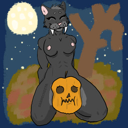 anthro black_body black_fur black_lips breasts eyebrows eyelashes eyes_closed fangs female food fruit fur grey_body grey_fur halloween_themed head_tuft holidays humor inner_ear_fluff jack-o'-lantern leaf lips moon mouth_closed muscular muscular_female night nipples pink_nipples pink_nose plant pumpkin sabertooth_(anatomy) sky smile solo squeezing squish star teeth thigh_squish tree tuft sabrecheeta halloween felid mammal prehistoric_species saber-toothed_tiger 1:1 2025 alpha_channel hi_res
