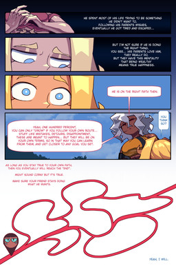 4_eyes anthro blonde_hair blue_eyes blue_sclera clothing dark_body dark_skin dialogue duo ellipsis facial_scar female hair lying lying_on_another lying_on_another's_abdomen multi_eye on_side question_mark red_clothing red_eyes red_shirt red_topwear scar shirt speech_bubble tan_body tan_skin text topwear white_hair cuchuflin nintendo pokemon andre_(cuchuflin) frida_(cuchuflin) mia_(cuchuflin) romi_(cuchuflin) generation_7_pokemon human mammal pokemon_(species) ribombee absurd_res comic english_text hi_res