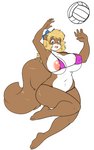 anthro areola ball big_breasts bikini breasts clothing curvy_figure female nipple_outline nipple_slip nipples simple_background solo strap_gap swimwear tail thick_thighs two-piece_swimsuit volleyball_(ball) voluptuous wardrobe_malfunction white_background wide_hips skidd antoinette_(spyingredfox) mammal rodent sciurid tree_squirrel