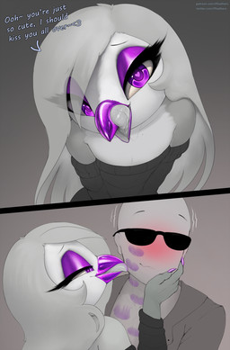 anthro beak beak_fetish beak_kiss blush cheek dialogue duo eyelashes eyeshadow eyewear femboy glitter hair heart_eyes heart_symbol kiss_mark kiss_mark_on_face kissing licking lipstick long_hair makeup male male/male purple_eyes purple_eyeshadow purple_lipstick sunglasses text tongue tongue_fetish tongue_out thousandfoldfeathers skye_(thousandfoldfeathers) avian bird comic english_text hi_res monochrome