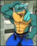 abs anthro belt biceps big_muscles biped claws clothing fangs horn looking_at_viewer male muscular muscular_anthro muscular_male pecs pose solo standing teeth undressing yellow_eyes timberwolfmax mythology steven_(timberwolfmax) dragon mythological_creature mythological_scalie scalie