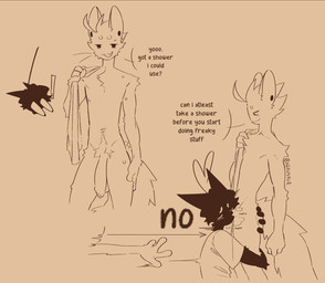 anthro balls big_penis blush blush_lines bodily_fluids chest_tuft clothed clothed_male clothing dialogue duo ear_piercing exclamation_point flaccid foreskin genitals hand_on_butt holding_object humanoid_genitalia humanoid_penis looking_at_another male male/male navel nude nude_male onomatopoeia open_mouth penis piercing pubes shirt simple_background slim slim_male smile snaggle_tooth sniffing sound_effects standing sweat text topwear towel towel_on_shoulder tuft unretracted_foreskin nerunaur noir_(noirzvault) vanille_(noirzvault) domestic_cat felid feline felis mammal 2025 digital_drawing_(artwork) digital_media_(artwork) hi_res