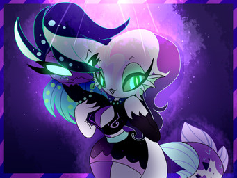 2_heads black_clothing border bottomwear breasts cleavage_cutout clothing crop_top cutout ear_fins eyelashes eyeshadow female fin fin_hair glowing glowing_eyes green_eyes jewelry legs_together light light_beam makeup midriff multi_head necklace pseudo_hair pupils purple_background purple_body purple_head sharp_teeth shirt simple_background skirt sleeveless_shirt slit_pupils smile solo split_color split_color_body striped_border tail teeth topwear white_body white_head cyrilwolff hellaverse helluva_boss leviathan_(helluva_boss) aquatic demon humanoid tailed_humanoid 2024 hi_res