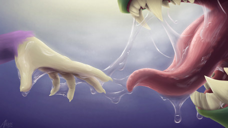 5_fingers ambiguous_anthro ambiguous_form ambiguous_gender anthro blue_background bodily_fluids breath claws disembodied_hand dripping duo excessive_saliva faceless_ambiguous faceless_character fangs fingers fur gradient_background green_body green_skin long_tongue mouth_play mouth_shot open_mouth pink_tongue purple_body purple_fur ribbed_tongue saliva saliva_bubble saliva_drip saliva_everywhere saliva_on_hand saliva_on_tongue saliva_string sharp_teeth simple_background size_difference steamy_breath tan_body tan_skin teeth text tongue tongue_out wet akins mythology nintendo pokemon rico_akins_(character) dragon generation_1_pokemon mammal murid mythological_creature mythological_scalie pokemon_(species) rattata reptile rodent scalie 16:9 2026 absurd_res artist_name dated digital_media_(artwork) digital_painting_(artwork) hi_res painting_(artwork) smaller_version_at_source widescreen