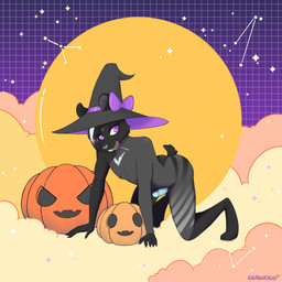 3_toes 5_fingers all_fours anthro black_nipples blue_penis butt candy candy_in_mouth carved_pumpkin chest_tuft clothing dessert eyebrows eyelashes feet femboy fingers food fruit fur genitals hair hat hat_bow hat_only headgear headgear_only headwear headwear_only holidays jack-o'-lantern leg_markings lollipop magic_user male markings mostly_nude multicolored_body multicolored_fur multicolored_hair nipples nude penis pink_eyes plant pumpkin short_ears short_tail slim solo tail toes tuft witch witch_hat zag_(artist) halloween bjorn_(glazie) bear mammal 1:1 hi_res