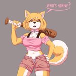 anthro asking asking_viewer asking_who baseball_bat bat_(object) bottomwear brown_eyes clothed clothing collar dialogue eyebrows female fluffy fluffy_tail fur hair hand_on_hip horny_bat looking_at_viewer multicolored_body multicolored_fur open_bottomwear open_clothing open_shorts panties partial_speech_bubble pattern_bottomwear pattern_clothing pattern_panties pattern_underwear pink_clothing pink_panties pink_shirt pink_topwear pink_underwear question raised_eyebrow shirt short_hair shorts solo striped_bottomwear striped_clothing striped_panties striped_underwear stripes tail talking_to_viewer text topwear two_tone_body two_tone_fur two_tone_tail underwear unzipped unzipped_shorts weapon_on_shoulder white_body white_eyebrows white_fur yellow_body yellow_fur zipper zipper_down zipper_shorts moko_(artist) sefirot15 go_to_horny_jail butterscotch_(peargor) canid canine canis domestic_dog mammal shiba_inu spitz 1:1 2020 english_text meme