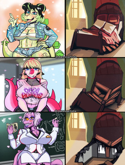 5_fingers alternate_costume anthro bed big_breasts black_hair black_highlights blue_eyes bone_frill book bottomwear bra_strap breasts broken_bed business_suit camel_toe chalk chalkboard cleavage clothed clothing curvy_figure denim denim_bottomwear denim_clothing denim_jacket denim_shorts denim_topwear elderly elderly_anthro elderly_female eyelashes eyewear facial_piercing female fingers fishnet_clothing frill_(anatomy) front_view furgonomic_piercing furgonomics furniture garter_straps glasses glistening glistening_body glistening_scales green_body green_hair green_scales grey_hair group hair hand_on_hip hand_on_own_hip hearts_around_body highlights_(coloring) jacket legwear long_hair long_tail looking_at_viewer magenta_body magenta_scales mature_anthro mature_female multicolored_body multicolored_hair multicolored_scales muzzle_piercing nose_piercing open_mouth open_smile piercing pink_body pink_scales purple_hair purple_highlights scales shorts smile snout spiked_tail spikes spikes_(anatomy) stockings suit tail teacher text thick_thighs thigh_highs tongue tongue_out topwear trio two_tone_body two_tone_hair two_tone_scales voluptuous voluptuous_anthro voluptuous_female wide_hipped_anthro wide_hipped_female wide_hips yellow_eyes dannoartista cavemanon_studios goodbye_volcano_high i_wani_hug_that_gator ko_op_(game_developer) snoot_game mia_moretti mrs._roberts_(gvh) stella_(gvh_beta) ceratosaurid ceratosaurus dinosaur hadrosaurid ornithischian ornithopod parasaurolophus prehistoric_species reptile saurischian scalie stegosaurian stegosaurus theropod thyreophoran 2025 absurd_res artist_name digital_drawing_(artwork) digital_media_(artwork) hi_res meme watermark