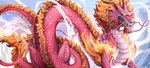 angelisscarlet barbel_(anatomy) blue_eyes dragon eastern_dragon feral flesh_whiskers hi_res horn male momonosuke mythological_creature mythological_scalie mythology one_piece pink_body pink_scales quadruped scales scalie serpentine solo tail tail_tuft tuft yellow_sclera