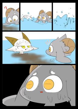 anthro curved_horn dirt duo fur grey_body grey_fur hair horn implied_scat long_ears looking_down male question_mark simple_background surprised water wet wet_body wet_fur white_body yellow_eyes oomamoke bolgogi bovid caprine goat mammal absurd_res comic digital_media_(artwork) hi_res