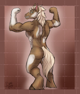 anthro brown_body brown_fur butt fur green_eyes grin hair looking_at_viewer male muscular muscular_anthro muscular_male nude pose rear_view simple_background smile solo standing tail tan_hair tan_tail white_body white_fur tiggybloom equid equine horse mammal 2017 dated full-length_portrait hi_res portrait signature