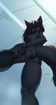 2017 amber_eyes anthro black_body black_fur black_hair black_nipples breasts butt canid canine canis digital_media_(artwork) ear_piercing female fur genitals hair hi_res highlights_(coloring) looking_at_viewer mammal nipples nude piercing pussy red_highlights shaded sianna smiju solo thick_thighs wolf