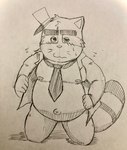 anthro belly blush clothed clothing hat headgear headwear humanoid_hands kemono male moobs navel necktie nipples open_clothing open_shirt open_topwear overweight overweight_male shirt solo topwear hotate_shokusu alice_detective_bureau inspector_arai mammal procyonid raccoon 2021 hi_res sketch traditional_media_(artwork)