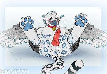 anthro balls beak bell bell_collar blush collar feet fur genitals knot male markings mastectomy_scar pawpads paws scar solo spots spotted_body spotted_fur talons toes dogtober mythology avian gryphon mythological_avian mythological_creature