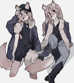 anthro boots bottomwear clothing coat female footwear grey_body pants shoes sitting solo spread_legs spreading standing tail topwear hhonchkrow234 canid canine canis mammal wolf absurd_res hi_res