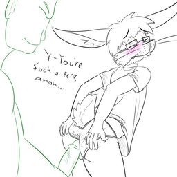 anthro blush buckteeth butt duo erection eyes_closed eyewear femboy fur genitals glasses happy human_on_anthro interspecies male male/male male_human male_on_anthro penis sex simple_background smile solo_focus teeth text white_background ziats anon ziats_(ziats) human lagomorph leporid mammal rabbit 1:1 digital_media_(artwork) english_text hi_res