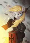 blonde_mane blood blue_eyes bodily_fluids clothing cross eyelashes female fur gloves handwear iron_cross looking_at_viewer mane nazi outside sky solo standing uniform white_body white_fur jeki hasbro my_little_pony the_saga_of_tanya_the_evil youjo_senki aryanne_(character) fan_character tanya_degurechaff equid equine horse mammal pony hi_res