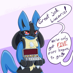ambiguous_gender anthro badge blue_body blue_fur bodily_fluids chest_spike chest_tuft crying dialogue fur holding_object offscreen_character red_eyes simple_background solo speech_bubble spikes spikes_(anatomy) standing tan_body tan_fur tears text tuft holeecarolee nintendo pokemon generation_4_pokemon lucario pokemon_(species) 1:1 2024 english_text hi_res