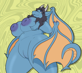2_horns anthro areola big_breasts big_nipples black_hair blue_areola blue_body blue_eyes blue_fingernails blue_nails blue_nipples breasts colored_nails eye_through_hair eyebrow_through_hair eyebrows female female_anthro fingernails genitals hair hand_on_own_breast horn huge_breasts huge_nipples looking_at_viewer looking_down looking_down_at_viewer low-angle_view membrane_(anatomy) membranous_wings multi_wing nails navel nipples non-mammal_breasts non-mammal_navel non-mammal_nipples nude nude_anthro nude_female overweight overweight_anthro overweight_female scales simple_background solo tail tan_body tan_scales thick_thighs translucent translucent_hair vulva wide_hips wings yellow_background brewandco mythology haavex dragon mythological_creature mythological_scalie scalie hi_res