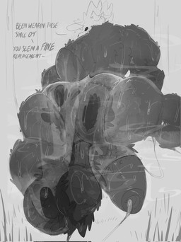 anthro big_penis black_body black_penis bodily_fluids dialogue fur genital_fluids genitals horn huge_penis hyper hyper_genitalia hyper_penis looking_at_viewer looking_back looking_back_at_viewer male musk musk_cloud penis precum pubes pubes_exposed ripped_underwear solo sweat tail text nathyness english_text hi_res monochrome