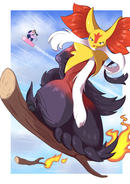 :3 >:3 ambiguous_anthro ambiguous_gender anthro anthro_focus biped black_body black_fur black_tail cheek_tuft day duo facial_markings facial_tuft fire fluffy forehead_markings front_view fur hands_behind_back head_markings inner_ear_fluff kemono looking_at_viewer markings monotone_tail multicolored_body multicolored_fur nude nude_anthro orange_body orange_fur orange_inner_ear_fluff orange_nose outside pupils red_body red_eyes red_fur sky smile solo_focus standing tail tuft white_body white_fur yellow_body yellow_ears yellow_fur enigma120304 dragon_ball nintendo pokemon tao_pai_pai canid canine generation_9_pokemon human mammal mega_delphox mega_evolution pokemon_(species) 2025 absurd_res colored crossover digital_media_(artwork) full-length_portrait hi_res portrait shaded