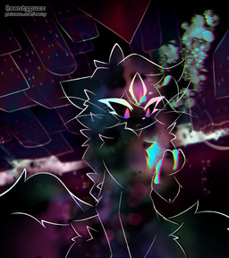 3_eyes abstract_background anthro bodily_fluids cosmic_background detailed_background fluffy fluffy_tail lens_flare looking_at_hand looking_down male multi_eye multicolored_bodily_fluids multicolored_body neck_tuft outline pink_eyes smoke solo tail tuft whiskers white_outline sentypurr robyn_(sentypurr) domestic_cat felid feline felis mammal 2025 chromatic_aberration digital_media_(artwork) digital_painting_(artwork) hi_res painting_(artwork) watermark