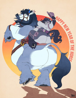 anthro belly big_belly big_butt blue_body blue_fur blue_hair butt clothing cowboy_hat duo female feral feral_on_feral fur hair hat headgear headwear holidays horsification male male/female nude obese obese_female obese_feral obese_male overweight overweight_female overweight_feral overweight_male romantic romantic_couple slightly_chubby slightly_chubby_female slightly_chubby_male tail transformation fatty-sashimi chinese_new_year donut_(chaoswaffle) komi_(fatty-sashimi) equid equine horse mammal 2026 digital_media_(artwork) hi_res