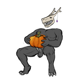 3_toes 4_fingers anthro black_body bodily_fluids bone claws cum cum_in_pumpkin cum_inside feet fingers floating_head food food_fetish food_penetration food_play fruit genital_fluids genitals grey_body improvised_sex_toy looking_pleasured male masturbation moan muscular muscular_anthro muscular_male narrowed_eyes penetrating_pumpkin penetration penile penile_masturbation penis plant pumpkin pumpkin_fucking sitting skull skull_head solo thrusting toe_claws toes glass0milk dzel cervine deer demon mammal muntjac low_res source_request