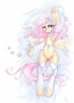 2015 absurd_res clothing cutie_mark equid equine feathered_wings feathers female feral fluttershy_(mlp) friendship_is_magic genitals hair hasbro hi_res legwear long_hair looking_at_viewer lying mammal mlpanon my_little_pony mythological_creature mythological_equine mythology navel on_back pegasus pink_hair pussy solo translucent translucent_clothing wings yellow_body yellow_feathers