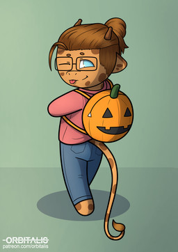 anthro backpack blep blue_eyes bottomwear brown_hair chibi clothing denim denim_bottomwear denim_clothing eyewear food fruit glasses green_background hair holidays hoodie jeans long_tail looking_at_viewer male markings one_eye_closed pants pink_clothing pink_hoodie pink_topwear plant pumpkin rear_view simple_background solo spots spotted_body tail text tongue tongue_out topwear wink orbitalis halloween giraffe giraffid mammal absurd_res hi_res url