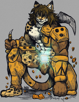 abs action_pose anthro armor athletic biceps big_muscles blonde_hair blue_eyes bottomwear broken_armor brown_body brown_fur bulge clothed clothing fangs fur gloves hair handwear heterochromia ineffective_clothing machine male markings muscular muscular_anthro muscular_male nipples orange_eyes pants pecs pose shorts solo spots tan_body tan_fur teeth thick_thighs tongue topless whiskers jwbash felid feline jaguar mammal pantherine absurd_res hatching_(art) hi_res shaded