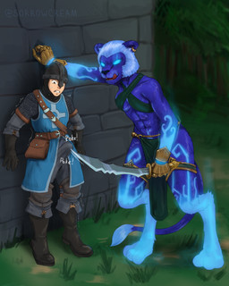 abs anthro body_hair bulge cornered female happy_trail human_on_anthro interspecies kabedon licking licking_lips male male/female melee_weapon motion_lines piercing poking pube_peek pubes questionable_consent size_difference sword tongue tongue_out weapon sorrowcream heroes_of_might_and_magic heroes_of_might_and_magic_5 might_and_magic ubisoft felid feline human mammal rakshasa_(might_and_magic) 4:5 hi_res