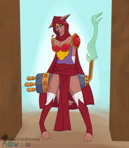 anthro armor big_breasts boob_armor breasts cannon cape circlet cleavage cloak clothed clothing digitigrade dirt_floor doorway ears_down female fur gauze gold_(metal) gold_armor green_eyes green_smoke hands_behind_back holding_object holding_weapon hood leg_warmers legwear pantsless pivoted_ears purple_clothing purple_topwear ranged_weapon red_bikini_top red_cape red_cloak red_clothing red_shoulder_pads simple_background smile smoke solo spread_legs spreading standing standing_in_doorway tail tan_body tan_fur topwear weapon weapon_behind_back white_sclera wide_stance wraps zaraunitymasters chaotic kinnianne canid canine fox mammal cel_shading hi_res shaded watermark