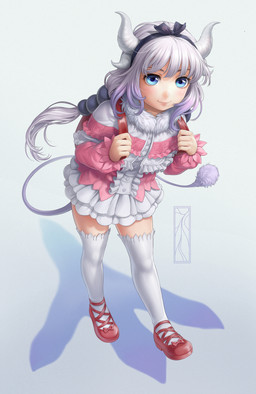 backpack blue_eyes clothed clothing dress female hair horn legwear simple_background solo thigh_highs white_background young young_female young_humanoid kotikomori miss_kobayashi's_dragon_maid mythology kanna_kamui animal_humanoid dragon dragon_humanoid humanoid mythological_creature mythological_scalie scalie 2017 hi_res