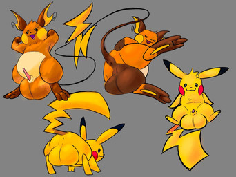 all_fours animal_genitalia animal_penis anthro armpit_musk balls balls_focus big_balls biped flexing_pecs fur genitals group looking_at_viewer looking_back lying male musk musky_balls on_side orange_body orange_fur penis rodent_penis standing yellow_body yellow_fur supersponger nintendo pokemon generation_1_pokemon pikachu pokemon_(species) raichu hi_res