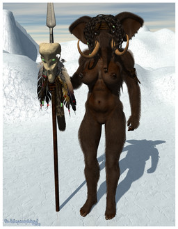 anthro arctic armband belly big_ears biped bone border breasts brown_belly brown_body brown_eyes brown_fur brown_hair brown_nipples dreadlocks ear_piercing facial_piercing feathers feet female fur genitals hair looking_at_viewer melee_weapon navel nipple_piercing nipples nose_piercing nude piercing polearm proboscis_(anatomy) skull snow solo spear staff standing tribal trunk_(anatomy) tusks vulva weapon white_border the_anthropomorphologist charleyfox_(modeler) charleyfox_mammoth elephantid mammal mammoth prehistoric_species proboscidean 3d_(artwork) digital_media_(artwork) hi_res