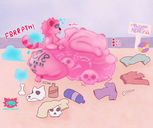abdominal_bulge anthro ball beach beach_ball belly big_belly big_butt blue_sclera blue_tongue body_writing bone bones_in_stomach bottle bubble butt clothing container death digestion drunk drunk_bubble eyewear fart fart_cloudd fatal_vore fur glasses hard_vore huge_belly huge_butt inflatable kneeling male mass_vore nude onomatopoeia outside pink_body pink_fur silly_face skull skull_imprint sound_effects substance_intoxication tally_marks text tongue tongue_out torn_clothing unwilling_prey vore zigzzyracoon vore_day murky_winters mammal procyonid raccoon 6:5 absurd_res hi_res