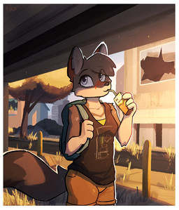 anthro backpack beverage black_nose border breasts broken_window building city clothed clothing detailed_background drinking drinking_straw ear_piercing ear_ring female fully_clothed fur graffiti grass holding_beverage holding_object looking_at_viewer outside piercing plant ring_piercing solo tail white_border enginetrap ash_(enginetrap) canid canine fox mammal sechuran_fox south_american_fox 2023 digital_media_(artwork) hi_res signature trans_(lore) trans_woman_(lore)