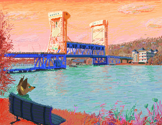 amazing_background anthro bench bridge brown_body brown_fur building clothing cloud detailed_background fur grass green_clothing green_shirt green_topwear male orange_sky outside plant shirt sitting sky smile solo topwear water demensa canid canine canis coyote mammal 2019 detailed digital_media_(artwork) pixel_(artwork)