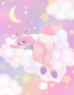 abdl accessory adult_baby anthro bedroom_eyes big_tail blue_eyes blush butt butt_focus claws clean_diaper cloud crescent_moon diaper eyelashes feet female fluffy fluffy_tail foot_focus fur hair hair_accessory hairclip half-closed_eyes heart_pattern heart_print heart_symbol looking_at_viewer lying moon narrowed_eyes object_in_mouth on_cloud on_front pacifier pacifier_in_mouth pawpads paws pink_body pink_fur pink_hair presenting purple_pawpads raised_tail rear_view seductive sky soles solo star_(shape) tail toe_claws toes melody_maku canid canine fox mammal digital_media_(artwork) hi_res pastel_theme pink_theme shaded soft_shading