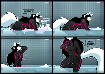 anthro asphyxiation bathtub big_breasts black_bodysuit black_clothing black_hair black_latex black_skinsuit bodysuit breasts clothed clothed_anthro clothed_female clothing death dialogue drowning female fluffy fluffy_tail fur hair killing latex latex_bodysuit latex_clothing latex_skinsuit long_hair obscured_character skinsuit solo speech_bubble tail text tight_clothing wet white_body white_fur rem_phase anna_(pradashie) canid canine canis mammal wolf 2026 comic english_text hi_res