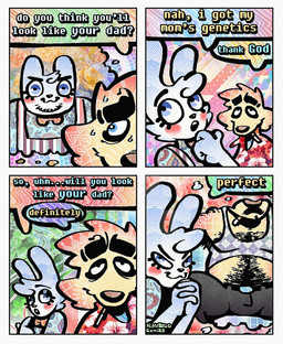 aloha_shirt anthro armpit_hair blush blush_stickers body_hair bow_tie cheek_spots chest_hair cigarette cigarette_in_mouth clothing crop_top dialogue duo facial_hair floppy_ears half-closed_eyes happy_trail humor male musclegut muscular mustache narrowed_eyes object_in_mouth overalls pattern_clothing pattern_shirt pattern_topwear shirt smile smirk smoking_tobacco smug smug_face speech_bubble stubble text thought_bubble topwear wide_eyed rawdawgcomics bingus_(rawdawgcomics) stahli_(rawdawgcomics) bird_dog canid canine canis domestic_dog golden_retriever hunting_dog lagomorph leporid mammal rabbit retriever comic english_text hi_res