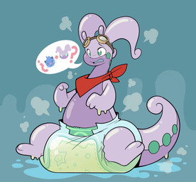 2_fingers 2_toes after_transformation ambiguous_gender antennae_(anatomy) anthro big_diaper blush blush_lines bodily_fluids clothed clothing cloud_emanata confusion curled_tail diaper directional_arrow dripping emanata eyewear eyewear_on_head feet fingers genital_fluids glistening glistening_body goggles goggles_on_head green_spots kerchief neckerchief neckwear open_mouth pseudo_hair puddle purple_antennae purple_body purple_pseudo_hair purple_tail question_mark red_kerchief red_neckerchief simple_background sitting slime solo speech_bubble spots tail toes unclean_diaper urine used_diaper wearing_diaper wet_diaper bubblepuppers innocentenough nintendo pokemon aqua_(innocentenough) dewott generation_5_pokemon generation_6_pokemon goodra pokemon_(species) full-length_portrait hi_res portrait