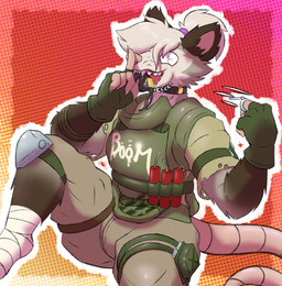 anthro bulletproof_vest choker clothing dynamite explosives fangs fingerless_gloves gloves grenade grenade_in_mouth handwear immolation jewelry long_tail madness male necklace object_in_mouth raised_leg solo tail teeth weapon weapon_in_mouth void_opossum epic_games fortnite jaco_(void_opossum) skillet_(fortnite) american_opossum mammal marsupial absurd_res hi_res